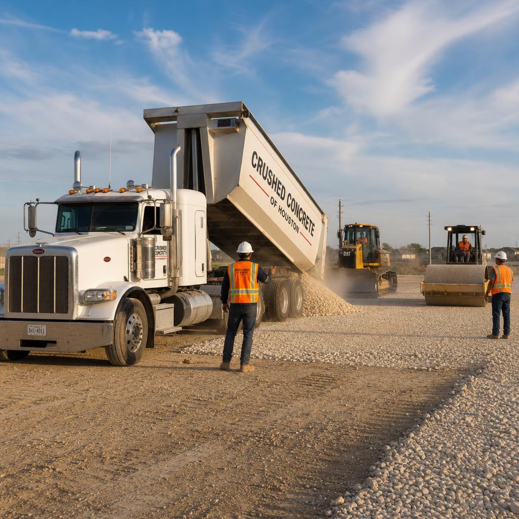 Crushed concrete delivery — end dump truck on Houston jobsite