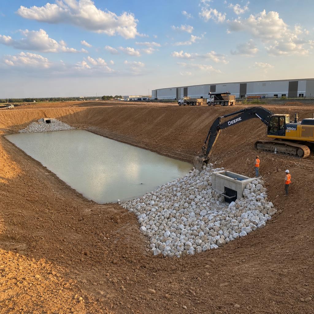 Hundreds of tons of rip rap installed in large commercial detention pond